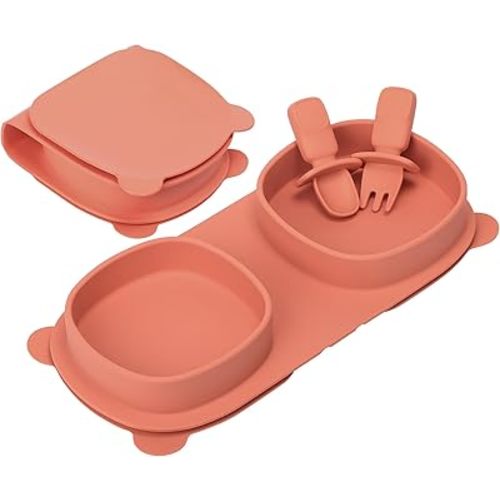 Baby Plates with Suction with Forks and Spoons, Foldable Silicone Toddler Plates, Baby Travel Essential, Microwave & Dishwasher Safe, Watermelon