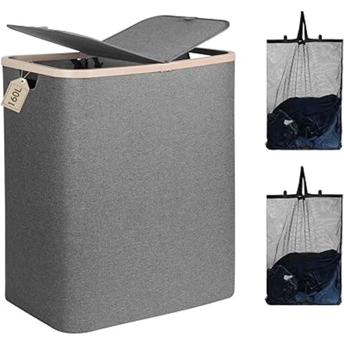 DOKEHOM 160L Double Laundry Basket with Removable Lid and Laundry Bags, Large Collapsible Laundry Hamper with 2 Sections (Grey)