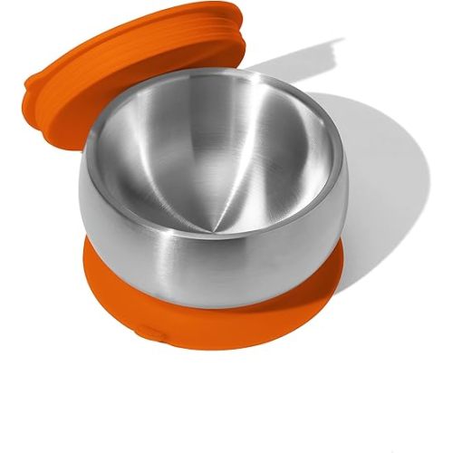 Avanchy Baby Bowls with Suction and Storage Lids Set. Babies Kids Toddler Boys Girl First Food Feeding. Fits Feeding High Chair Table. Stainless Steel, Orange