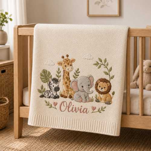 Personalized Safari Animal Baby Blanket, Custom Name Embroidered Knit Blanket, Jungle Nursery Decor, Newborn Baby Shower Gift