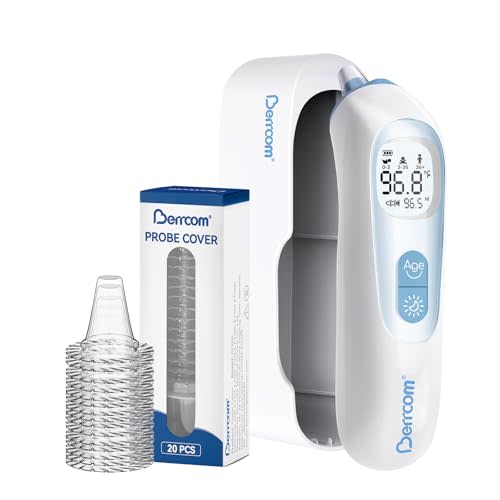 Berrcom Digital Ear Thermometer with Heated Tip for All Ages | 1-second accurate reading, fever alert with mute & night light, includes 21 probe covers & storage box, for baby kids adults