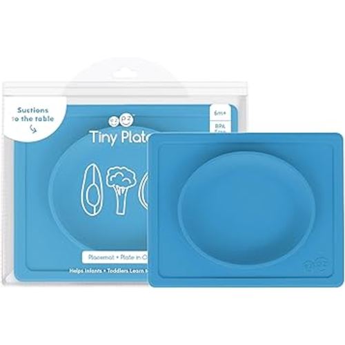 ezpz Tiny Plate (Blue) - 6 Months+ - 100% Silicone Suction Placemat + Plate for Infants - Fits on Most Highchair Trays - Baby Led Weaning Supplies