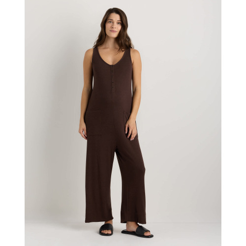 Bamboo Rib Maternity Button Front Jumpsuit - Maternity in Coffee Bean Brown
