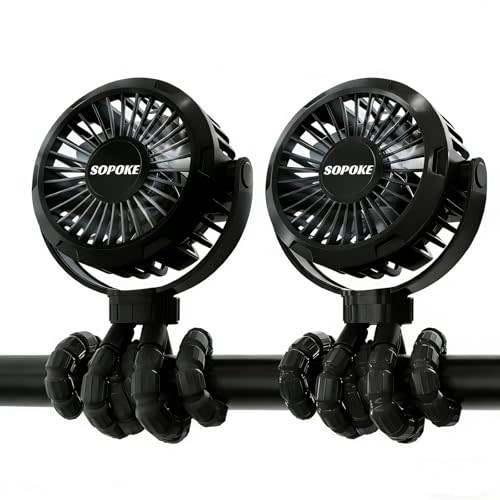 SOPOKE 2PCS Mini Portable Baby Stroller Fan,3 Speed Personal Handheld,Battery Operated Rechargeable 360° Flexible Tripod Cooling, Suitable for Car Seat Crib Treadmill Golf Cart Travel (Black-Black)