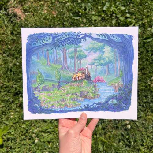 Cozy Cottage Watercolor Landscape 8x10 Print