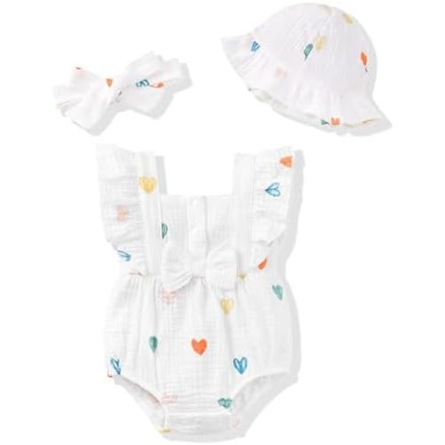 Renotemy Baby Girl Clothes Infant Summer Romper Cotton Linen Newborn Essentials Photography Preemie Outfits with Hat&Headband