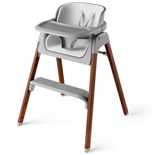 Fodoss Baby High Chair, Foldable Convertible, 5-Point Harness, Easy Clean Wood-Printed Metal Frame with Removable Tray, for Family (Gray & Walnut Wood-Printed Metal)