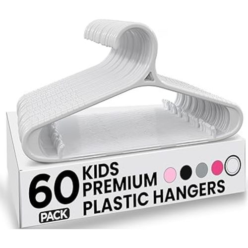 Utopia Home Kids Hangers 60 Pack - 11 Inch Plastic Baby Hangers for Closet - Childrens Hanger for Clothes & Infant Hanger for Closet - Non-Slip Shoulder Grooves, Strap Hooks & Pants Bar (White)