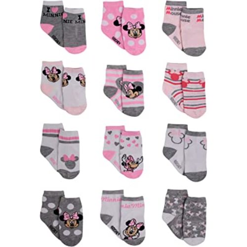 Disney Baby Girls Socks - 12 Pack Soft Newborn Baby Socks Character Prints - Cute Newborn and Infant Socks, 0-24M, Size 0-6 Months, Minnie Mouse Pink/Grey