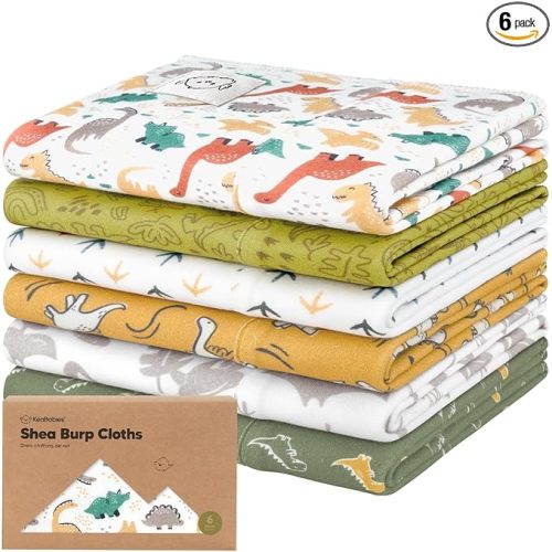 Organic Burp Cloths Baby Boy, Girl - 6-Pack Large 100% Cotton Burping Cloths for Babies, Spit Up Rags, Super Absorbent, Ultra Soft Newborn Rag, Gender Neutral, Machine Washable, Durable (Mesozoic)