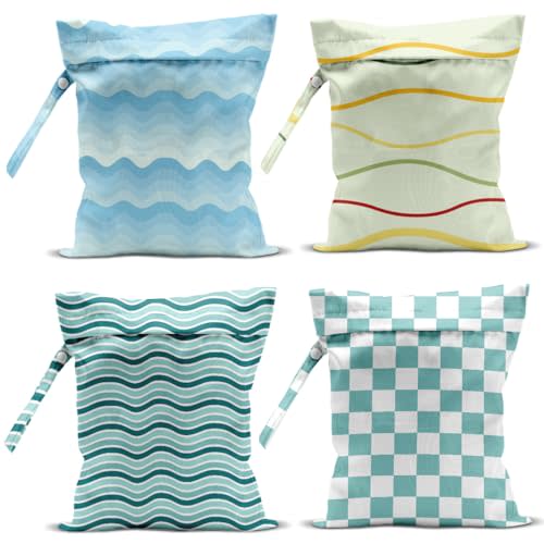4 Pack Wet Bag for Swimsuit, Beach Travel Essentials Wet Dry Bag, for Sunscreen Toiletry Dirty Clothes Yoga Gym Diaper, Friend Summer Beach Vacation Gifts. Wave, grid