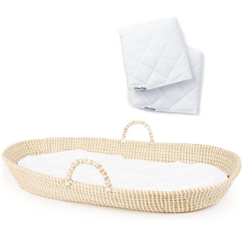 Baby Changing Basket - Handmade Moses Basket Changing Basket for Baby Table Topper - 2 Organic Cotton Washable Diaper Changing Pads CPSC Compliant