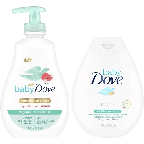 Dove Baby Sensitive Skin Care Bundle – Hypoallergenic Wash & Baby Lotion, Fragrance Free Moisture, Baby Gift Set, 13 Oz Ea (2 Piece Set)