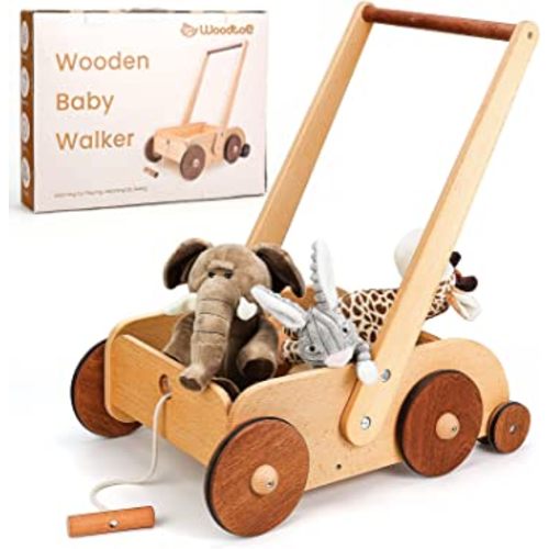 Woodtoe Wooden Baby Walker, Adjustable Speed Anti-Rollover Push Walker Toy for Babies Learning to Walk, Natural Wood Toddler Push and Pull Toys Wagon Birthday Gift for Boy Girl 1-3(Patent Protection)