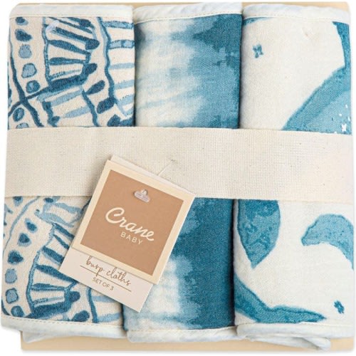 CRANE BABY Caspian 3-Pack Assorted Burp Cloth Set, Blue/ White