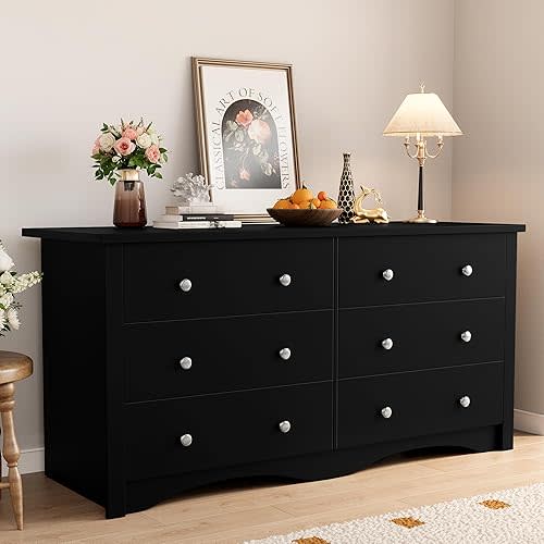 Shahoo Wood Dresser for Bedroom, Wide Chest of Drawers with 6 Drawers,Storage Tower Unit, Modern Closet Store Organizer for Living Room, Hallway (Black)