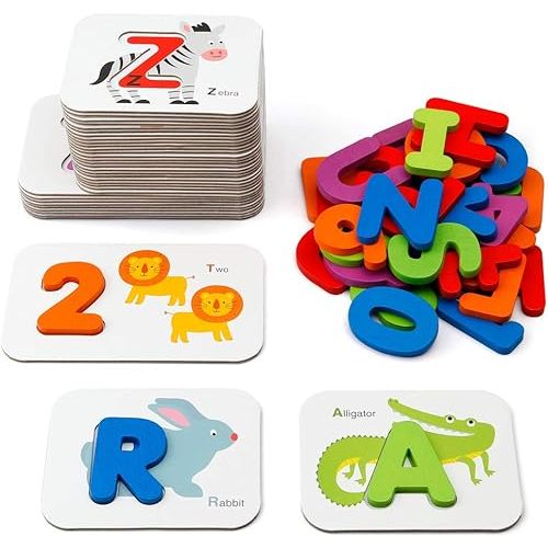 Coogam Numbers and Alphabets Flash Cards Set - ABC Wooden Letters and Numbers Animal Pattern Board Matching Puzzle Game Montessori Educational Learning Toys Gift for Preschool Kids Age 3 4 5 Years