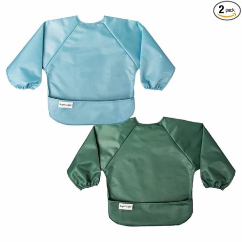 Tiny Twinkle Long Sleeve Bib for Babies & Toddlers | 2-Pack Waterproof Smock Bib for Eating | Machine Washable & Mess-Proof Feeding Essentials | Newborn Shower Gift (Slate Olive,6–24M)