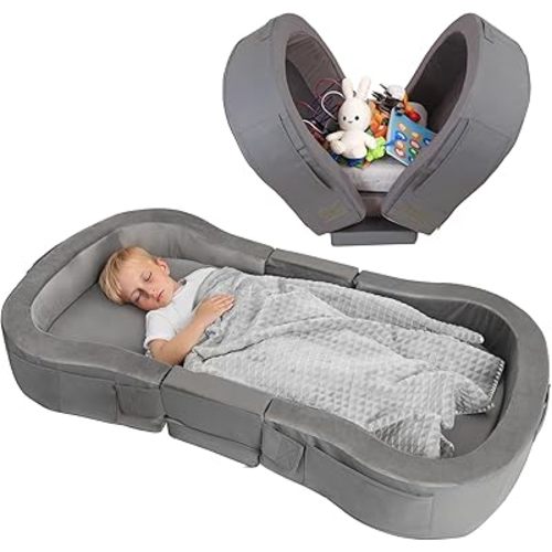 ENITYA Portable Toddler Bed for Travel, Foldable Floor Cot for Sleeping with Washable Cover, Kids Travel Bed for Camping & Home, Easy to Use, for Toddlers 18M–5Y, Dark Grey