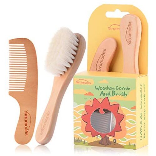 Baby Goat Hair Brush and Comb Set for Newborns & Toddlers Eco-Friendly Safe Brush for Cradle Cap Natural Wooden Comb Perfect Baby Shower and Registry Gift (Baby Hair Brush and Comb Set)