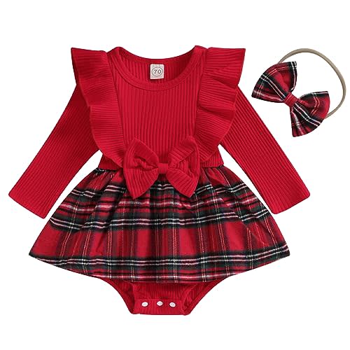 Newborn Baby Girl Fall Winter Outfit Set Plaid Romper Dress Ruffles Long Sleeve Clothes Jumpsuit with Bow Headband