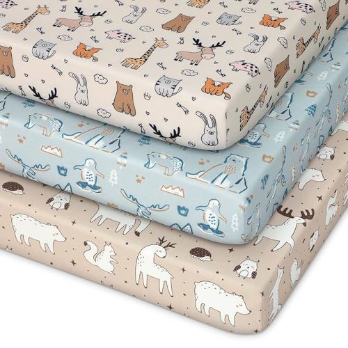 Pack and Play Sheets Fitted 3 Pack, Mini Crib Sheets for Pack N Play Mattress Stretchy Portable Playard Sheets, Soft Breathable Blue & Apricot Bear