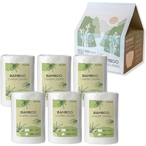 Biodegradable Bamboo Diaper Liners, 600 sheets, 6 rolls x 100 sheets, For Cloth Baby Diapers, Disposable, Unscented, 30cm x 15cm Sheets, Fragrance Free, Chlorine Free, Diaper Insert, o1baby