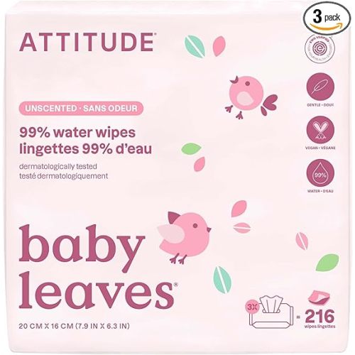 ATTITUDE Baby Water Wipes, EWG Verified, Safe for Newborns, Unscented & Fragrance-Free, 99% Water, Gentle, Vegan & Dermatologically Tested, Travel Pack with Hard Lid, 72 Count (Pack of 3)