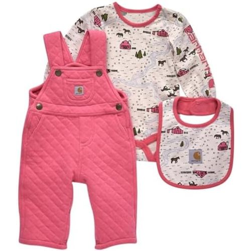 Carhartt baby-girls Long-sleeve Bodysuit, Overalls, and Food Bib 3pc Set