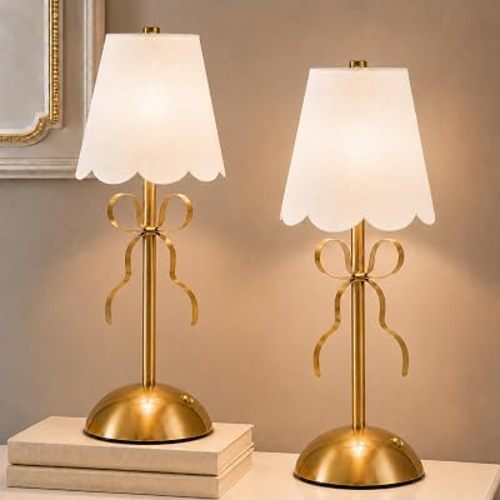 2 Pack Cordless Small Table Lamp,Cute Led Desk Lamp,Gold Bow Lamp