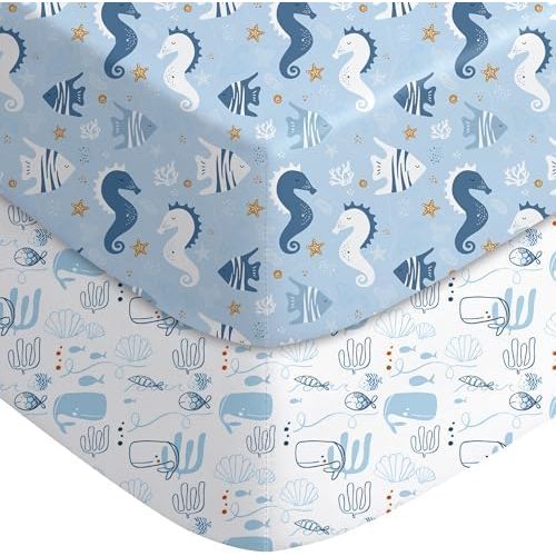 Yoofoss Pack and Play Sheets Fitted, Mini Crib Sheets 2-Pack for Pack N Play Mattress, Stretchy Playard Sheet, Soft and Breathable Submarine World