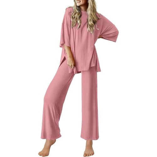 Ekouaer Lounge Sets for Women Soft Comfy Pajama Set 2 Piece Outfits | Short Sleeve Tops and Long Pants with Pockets,Loose Fit Loungewear for Sleeping,Daily Wear,Travel,Vacation,Beach,Airport