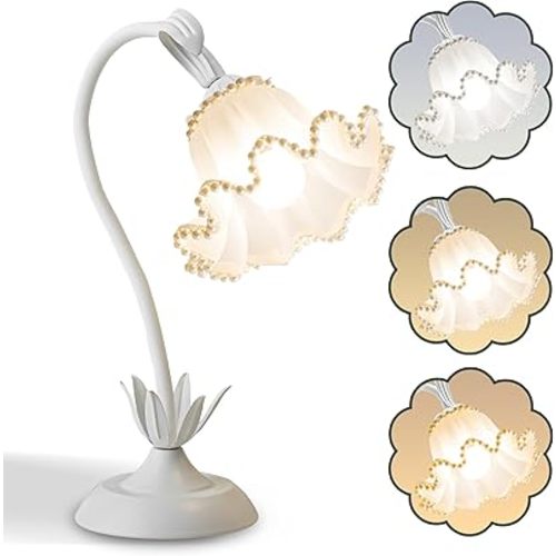 AQDZCNF Flower Table Lamp,LED Reading Light Bedside Vintage Flower Night Light,3 Colors Modes Kawaii Bedside Lamps Decor,Living Room Bedroom Room Lighting Table Lamps Home Decoration (White Pearls)
