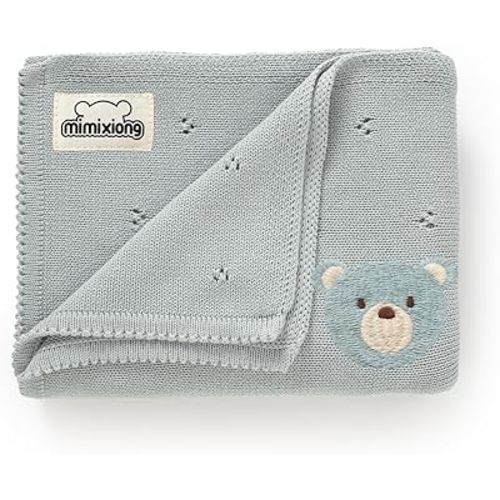 mimixiong Organic Cotton Baby Blanket Neutral Knitted Soft Crib Nursery Swaddling Receiving Blankets for Newborn Baby Boy Girl 40x30 Inch Smoke Blue