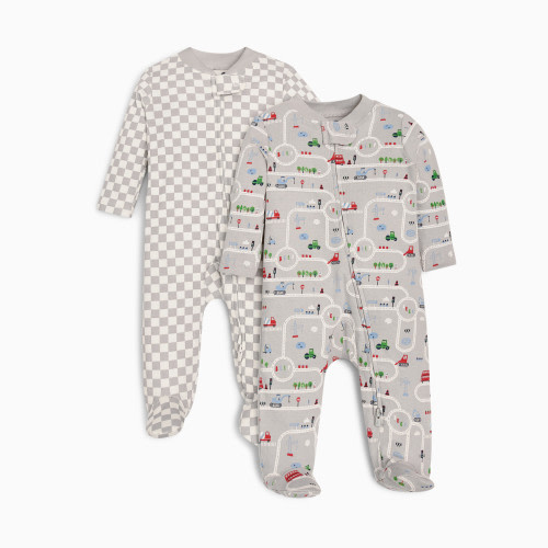 Small Story Organic Cotton 2-Way Zip Footie (2 Pack) - Construction & Check, 0-3 M