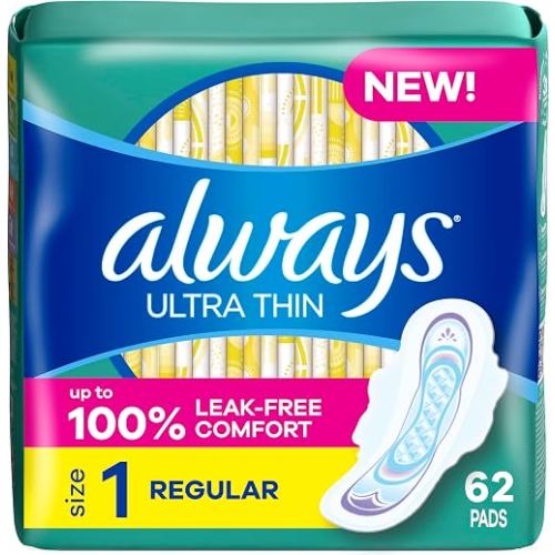 Always Ultra Thin Feminine Pads with Wings for Women, Size 1, Regular Absorbency, Unscented, Up to 100% Leak-Free Protection, 62 Count