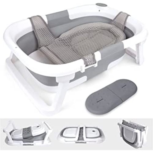 BEBELEH™ Collapsible Baby Bathtub – Bathtub + Baby tub Cushion + Baby Bath tub Kneeler – Durable Baby Bathtub newborn to toddler 0-24 months – the ultimate travel Baby Bathtub and everyday use! (Gray)