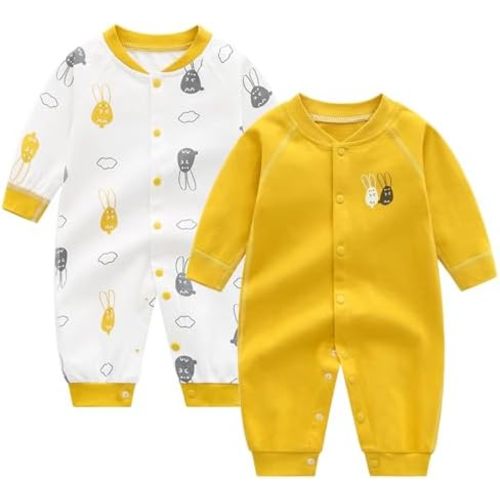Newborn Baby Boys 2 Pack Cotton Romper Outfits Infant Long Sleeve One-Piece Toddler Button Jumpsuits