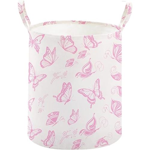 TECHMILLY Large Storage Basket for Girls and Boys, Collapsible Laundry Hamper with Long Handles, Toy Bins for Nursery, Kids Room Décor (Pink Butterfly)