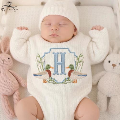 Embroidered Custom Mallard Ducks Baby Bodysuit Set, Adorable Duckling Baby Bodysuit, Pregnancy Reveal Gift, Daddy's Hunting Buddy Outfit