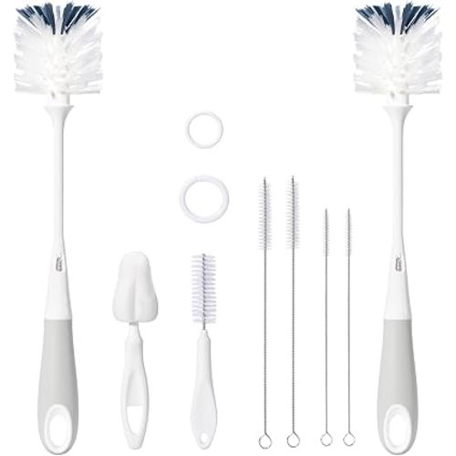 8 Pack Baby Bottle Brush Set, Two 12.7" Nylon Brush with Hidden Cleaner, 5.4" Nylon & 5.7" Sponge Nipple Brushes, 4 Straw Brushes, 2 Hanging Rings, BPA-Free, Gray