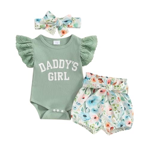 Afunbaby Newborn Baby Girl Auntie Outfits Auntie's Bestie Short Sleeve Ribbed Romper Floral Shorts Clothes with Headband