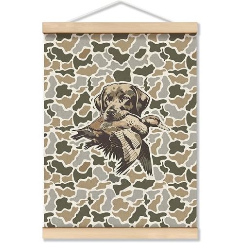 TopXmai Labrador Retriever Mallard Duck Camo Wall Art Poster Framed, Duck Hunting Wall Art,Retro Camo Wild Animal Canvas Hanging Prints Decor for Nursery Home Bedroom Living Room, 12x16 Inches F085