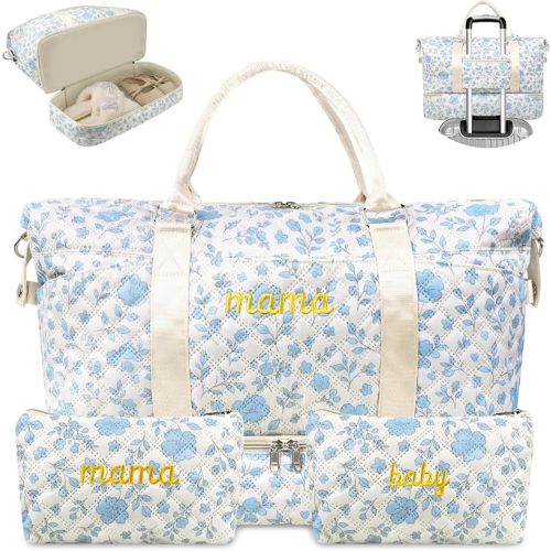 Mama Maternity Hospital Bag Essentials for Women Labor Delivery Baby Diaper Organizer with Shoe Compartment,2 Toiletry Pouch Travel Floral Duffle Bag for Pregnancy Mommy Weekender Overnight Gifts,Blue