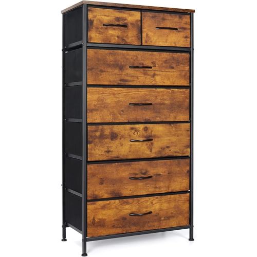 Mifuro Tall Dresser for Bedroom, Vertical Storage Organizer Tower with 7 Drawers, Chest of Drawers with Fabric Bins, Steel Frame, Wood Top for Bedroom, Closet, Entryway- Rustic Brown