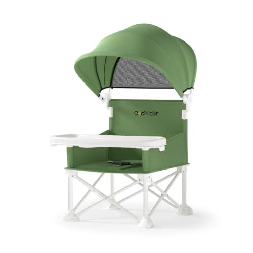 Cochildor 4-in-1 Portable Baby Chair, Foldable Toddler Booster Seat, Green | Removable Tray & Sun Canopy, Adjustable 3-Point Safety Harness, Compact Carry Bag, Fits 6M - 3T