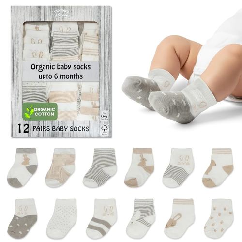 Organic Cotton Baby Socks 0-6 Months, 6 Pairs Unisex - Soft & Hypoallergenic Baby Girl Socks (US, Age, 0 Months, 6 Months, Brown,Gray,White)