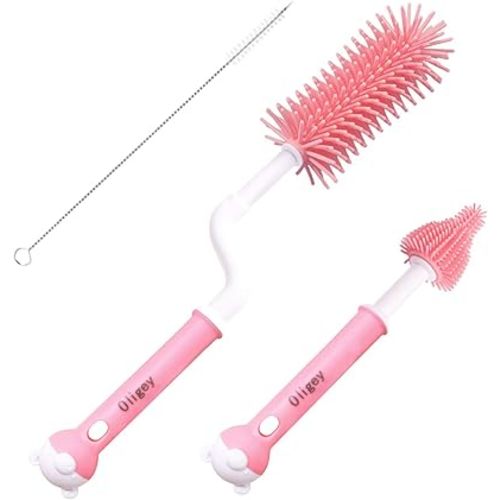 Silicone Baby Bottle Brush Set Cleans Deep Container Nipple or Straw with Rotation Long Handle,3 in 1 Rubber Cleaning Kits Wash Infant Pacifier Teat Nozzle or Breast Pump by Spinning Lug