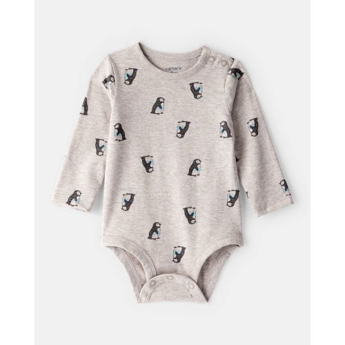 Baby Penguin Print Long-Sleeve Graphic Bodysuit - Grey | Carter's