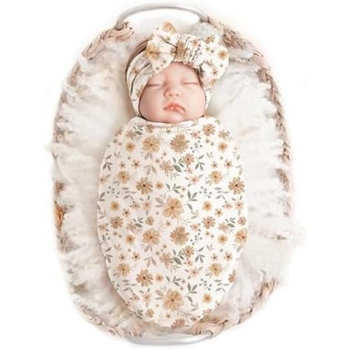 Konssy Baby Blanket & Headband Set, 32 x 32 Inch Swaddle Receiving Blanket
